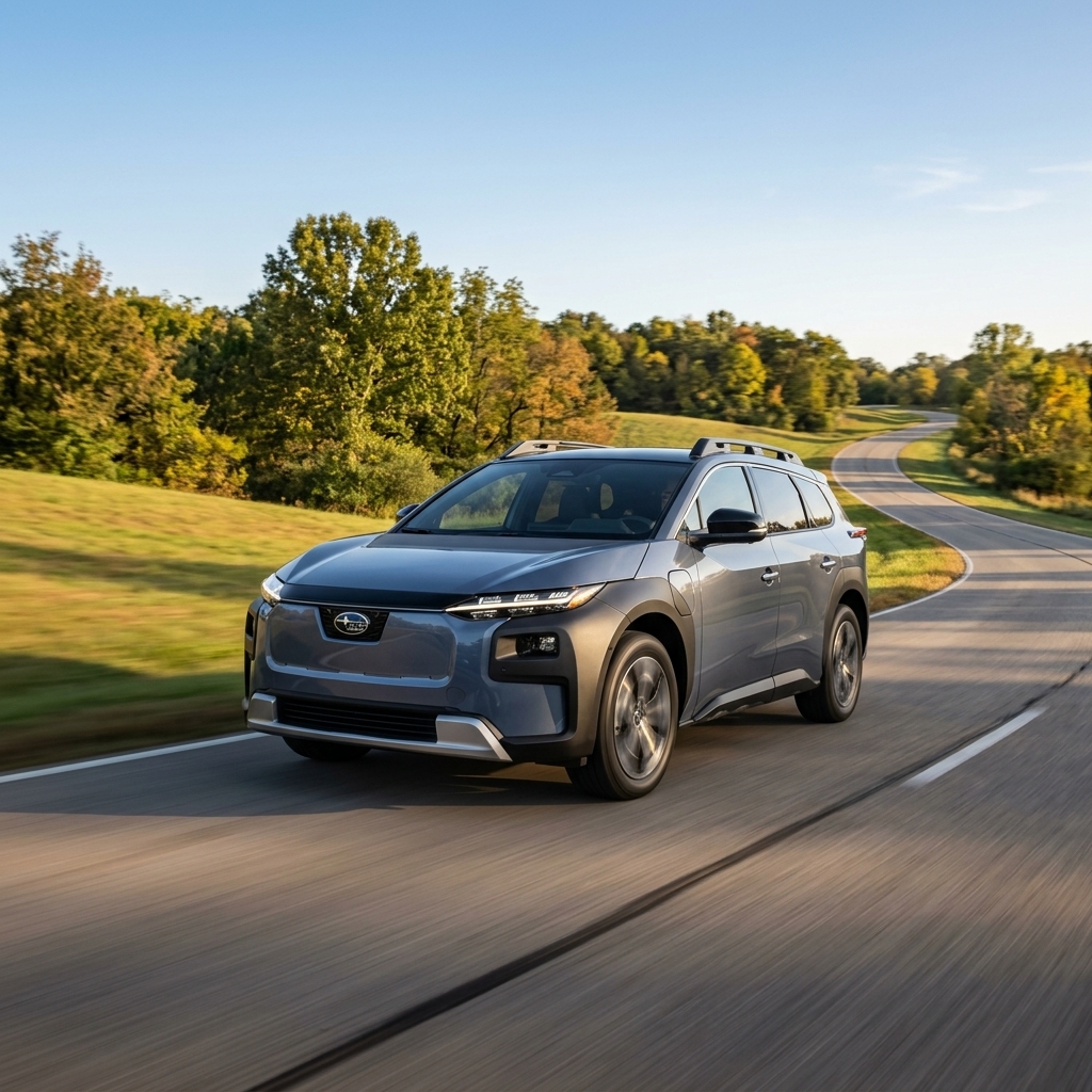 A blue-gray Subaru electric SUV driving down a scenic winding road through green countryside. (Representative image for illustration purposes only. Actual vehicle may vary based on trim and configuration.)