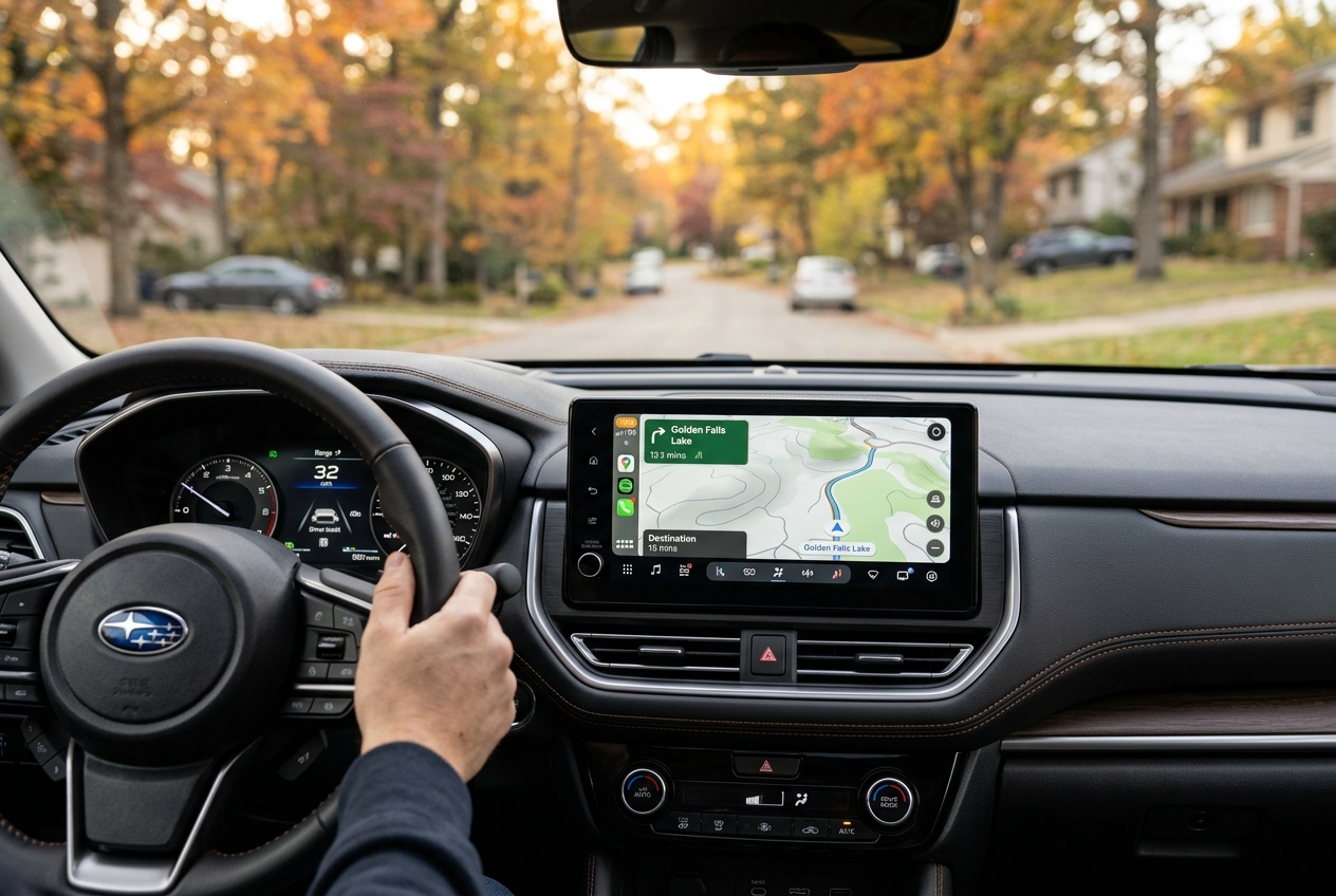 View from inside a Subaru car driving down a residential street lined with colorful autumn trees. (Representative image for illustration purposes only. Actual vehicle may vary based on trim and configuration.)