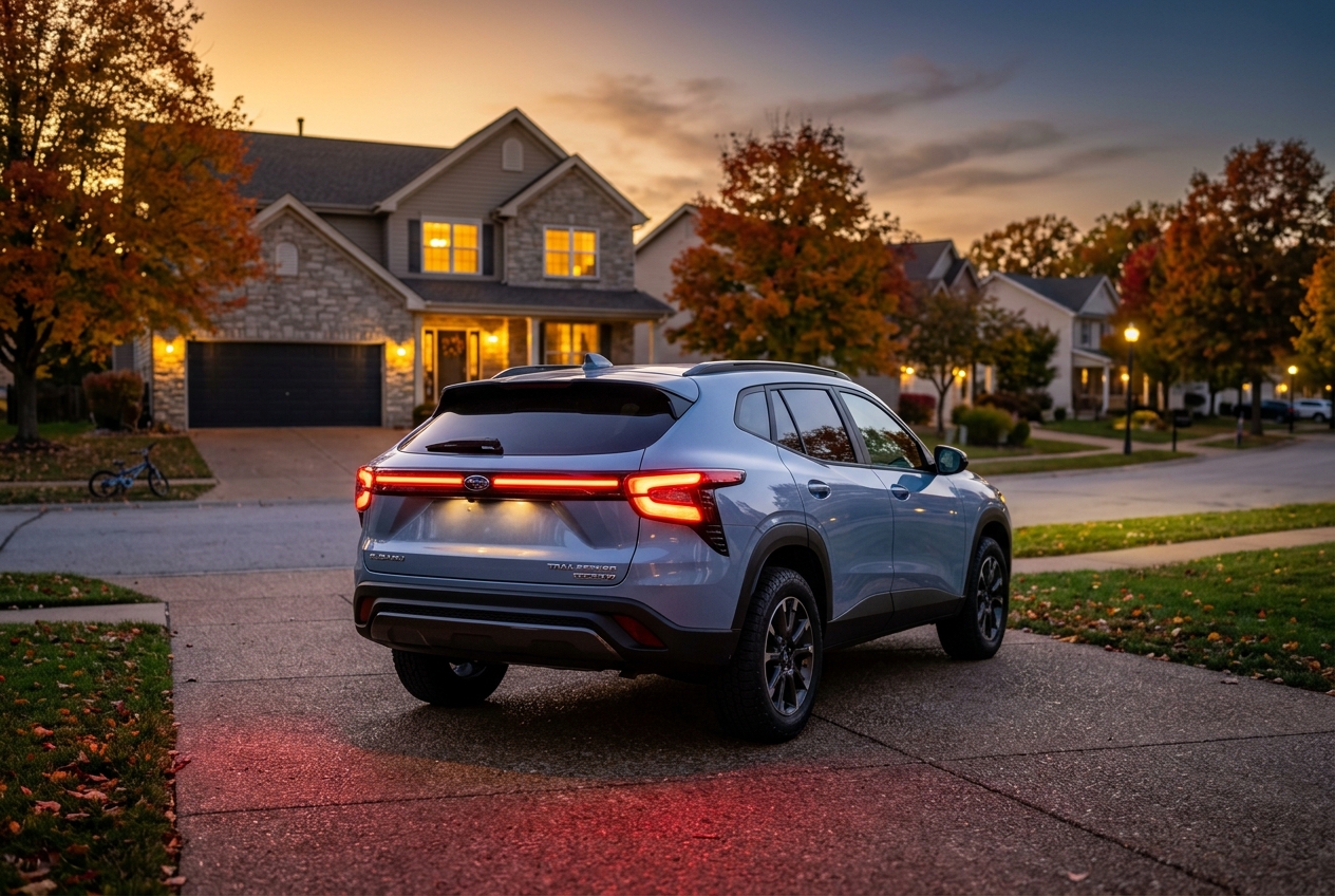 Rear view of a light blue SUV parked in a residential driveway at sunset with brake lights glowing. (Representative image for illustration purposes only. Actual vehicle may vary based on trim and configuration.)