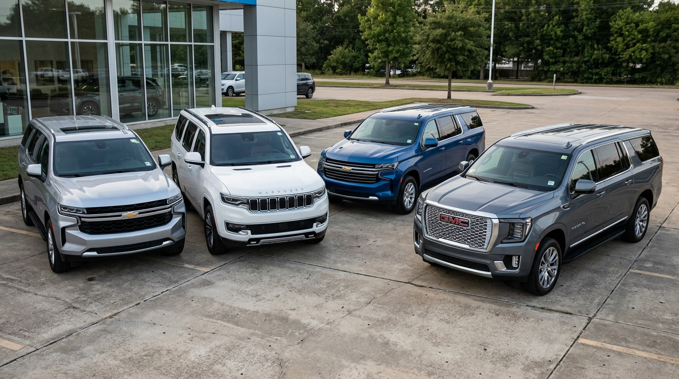 Four full-size SUVs, including Chevrolet, Jeep Wagoneer, and GMC models, parked outside a dealership. (Representative image for illustration purposes only. Actual vehicle may vary based on trim and configuration.)
