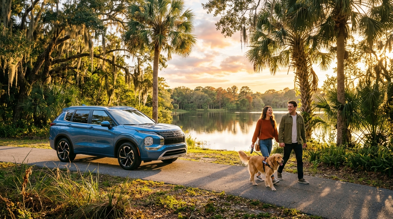 A blue SUV parked along a lakeside path as a couple walks their golden retriever at sunset. (Representative image for illustration purposes only. Actual vehicle may vary based on trim and configuration.)