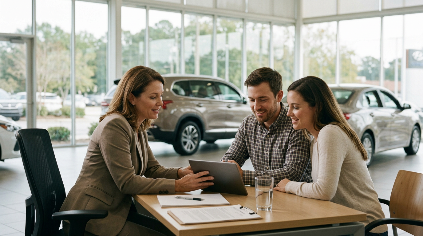 A car dealership representative presents options on a tablet to a smiling couple sitting at a desk. (Representative image for illustration purposes only. Actual vehicle may vary based on trim and configuration.)
