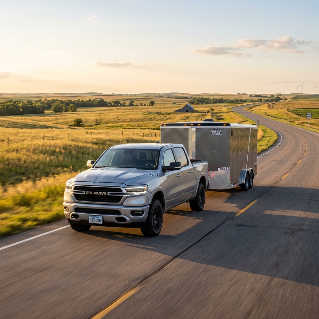 Silver RAM pickup truck towing a large enclosed cargo trailer on a scenic rural highway at sunset. (Representative image for illustration purposes only. Actual vehicle may vary based on trim and configuration.)
