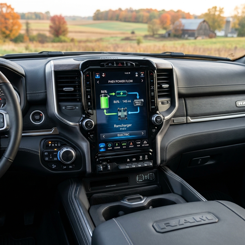 Interior dashboard of a Ramcharger PHEV showing an infotainment touchscreen with electric vehicle power flow data. (Representative image for illustration purposes only. Actual vehicle may vary based on trim and configuration.)