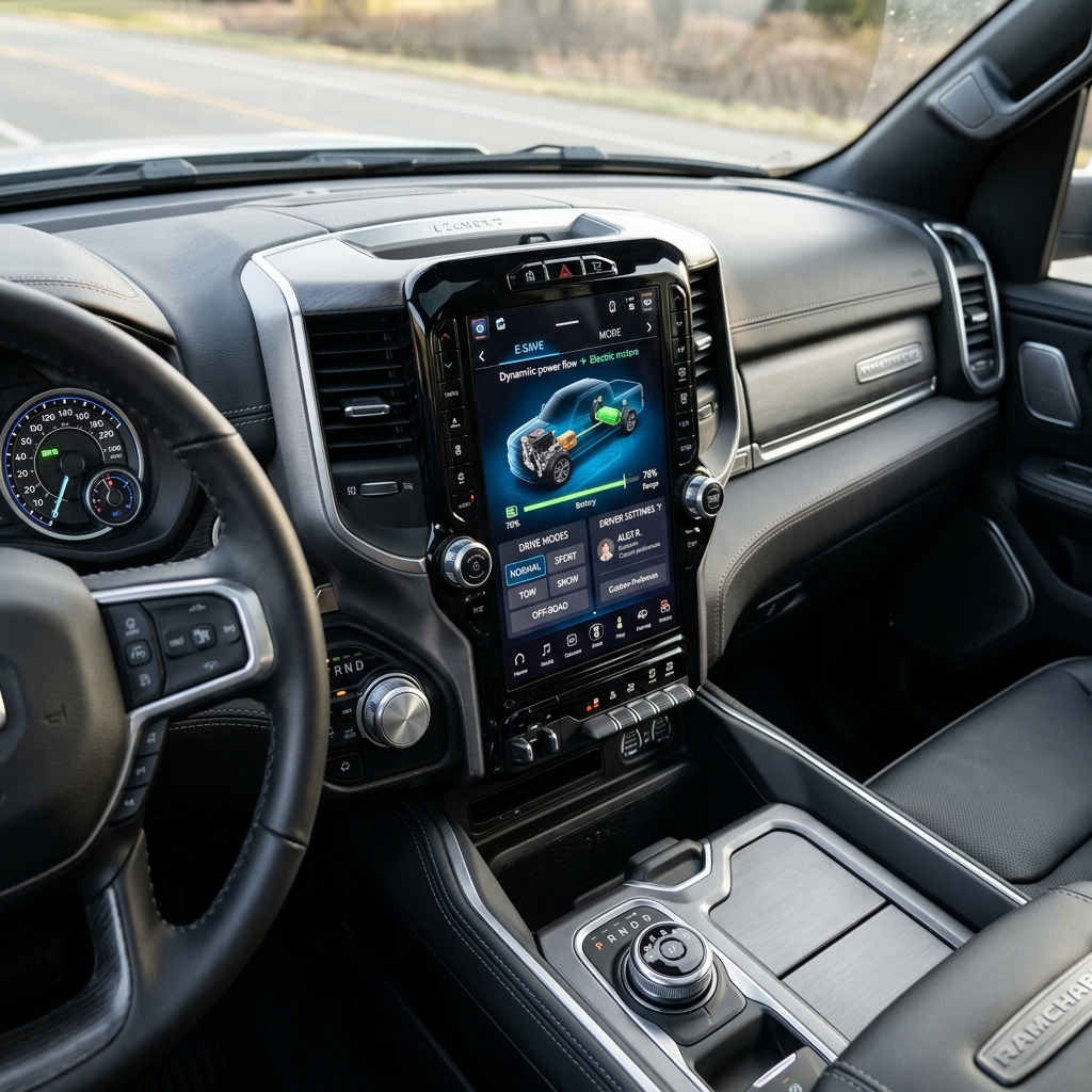 Interior view of a truck cabin featuring a large vertical touchscreen display showing hybrid power flow and drive modes. (Representative image for illustration purposes only. Actual vehicle may vary based on trim and configuration.)