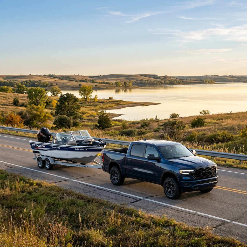 Dark blue pickup truck towing a motorboat on a trailer along a scenic lakeside road during sunset. (Representative image for illustration purposes only. Actual vehicle may vary based on trim and configuration.)