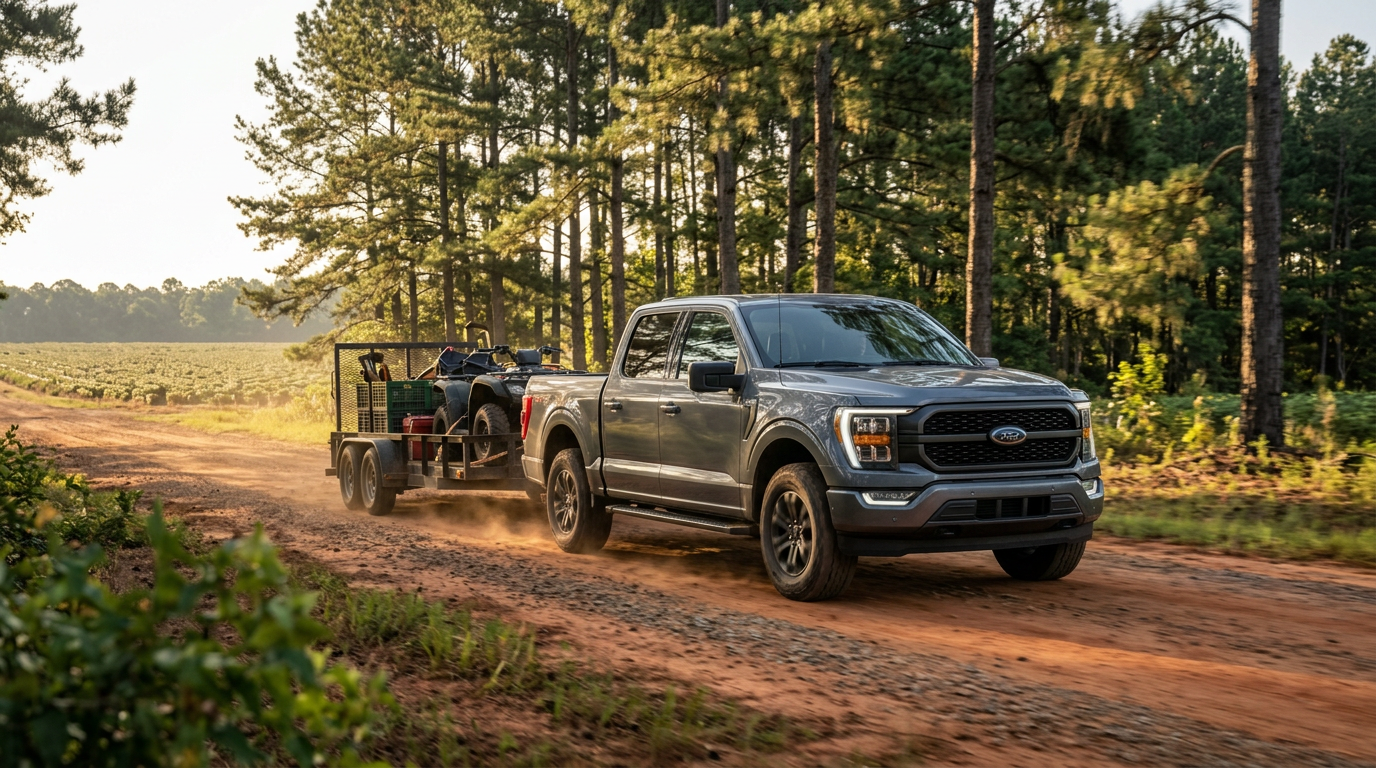 Grey Ford F-150 pickup truck driving on a dirt road towing a trailer loaded with an ATV. (Representative image for illustration purposes only. Actual vehicle may vary based on trim and configuration.)