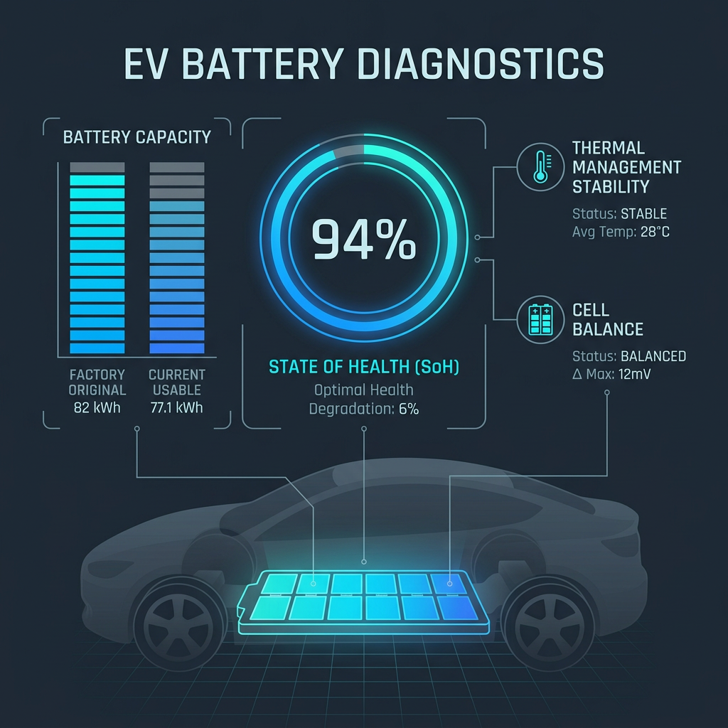 EV battery diagnostics graphic showing 94 percent state of health and 77.1 kWh current usable capacity. (Representative image for illustration purposes only. Actual vehicle may vary based on trim and configuration.)