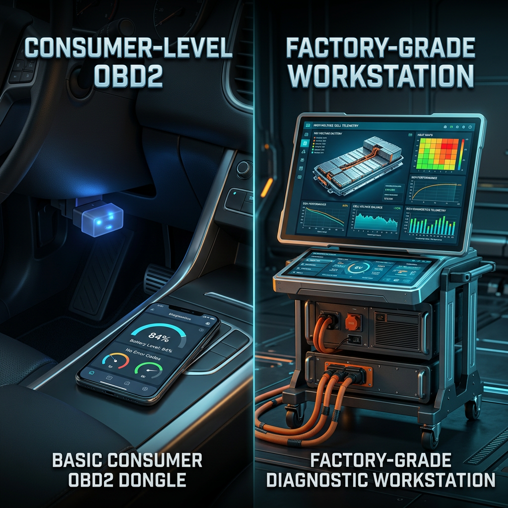 Comparison between a consumer OBD2 dongle with a smartphone app and a factory-grade diagnostic workstation. (Representative image for illustration purposes only. Actual vehicle may vary based on trim and configuration.)