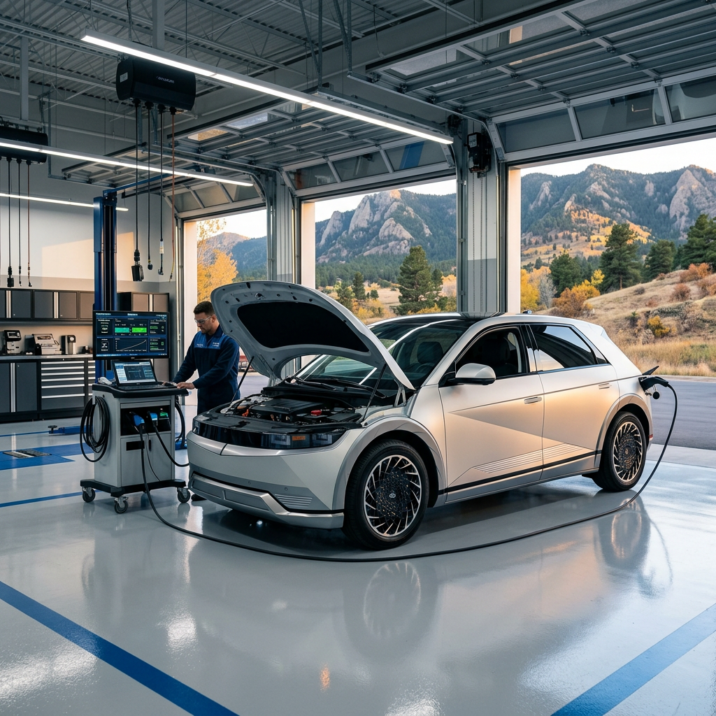 Technician running diagnostics on a silver electric car inside a modern service center with scenic mountain views. (Representative image for illustration purposes only. Actual vehicle may vary based on trim and configuration.)