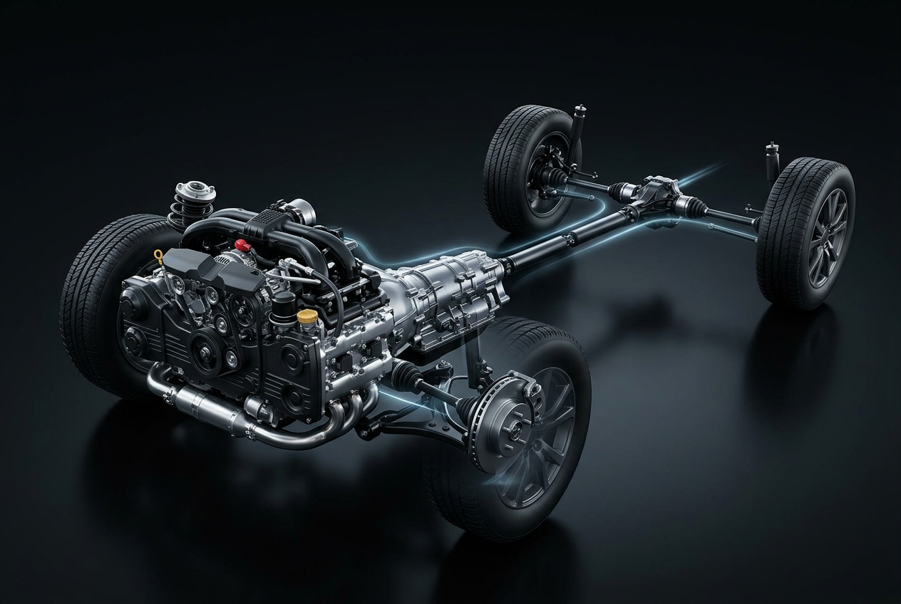 3D render of a Subaru boxer engine and symmetrical all-wheel drive drivetrain layout on a dark background. (Representative image for illustration purposes only. Actual vehicle may vary based on trim and configuration.)