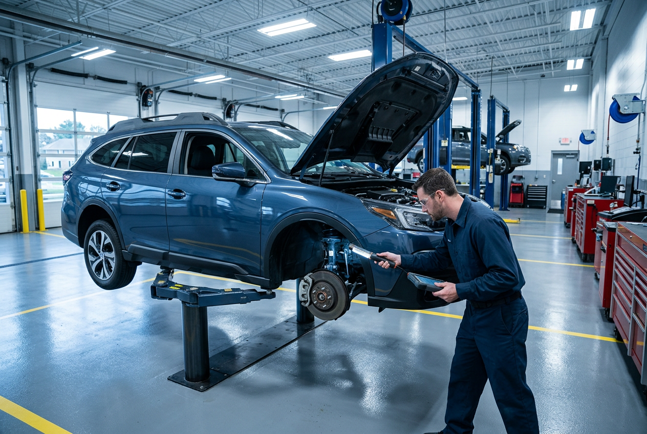 Mechanic holding a light to inspect the exposed front brakes of a blue SUV raised on a hydraulic lift in a shop. (Representative image for illustration purposes only. Actual vehicle may vary based on trim and configuration.)