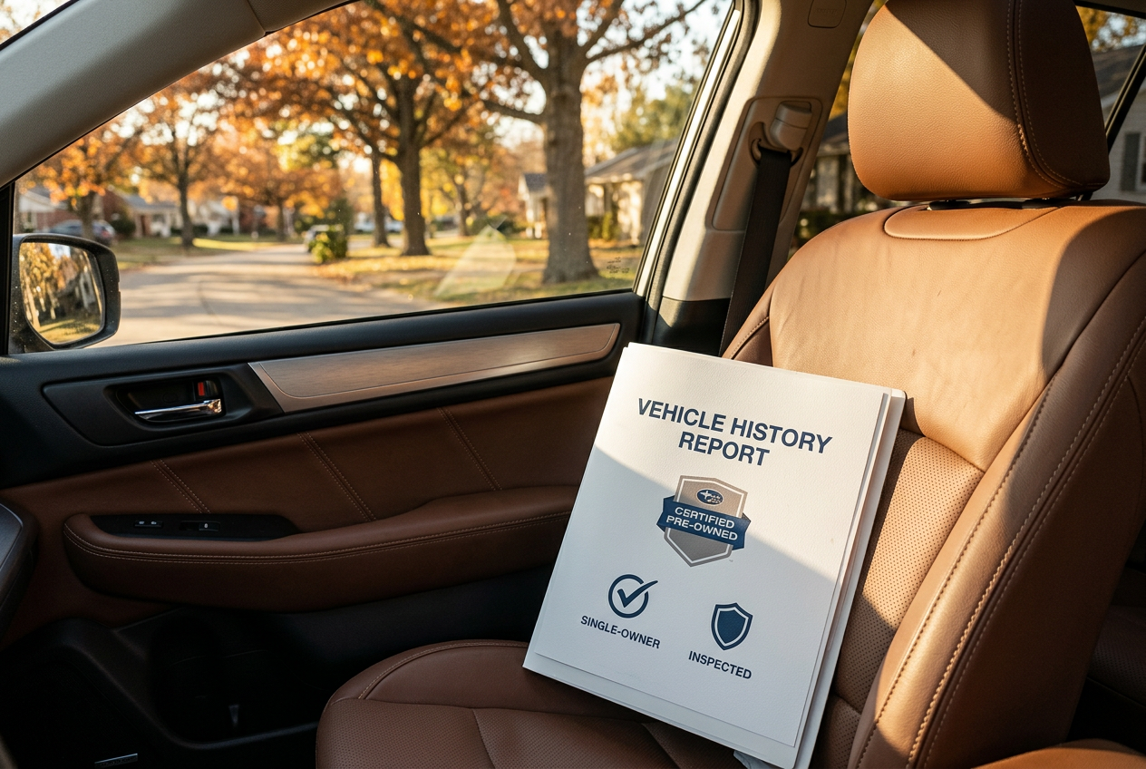 A Subaru Certified Pre-Owned vehicle history report folder sitting on a tan leather car seat. (Representative image for illustration purposes only. Actual vehicle may vary based on trim and configuration.)
