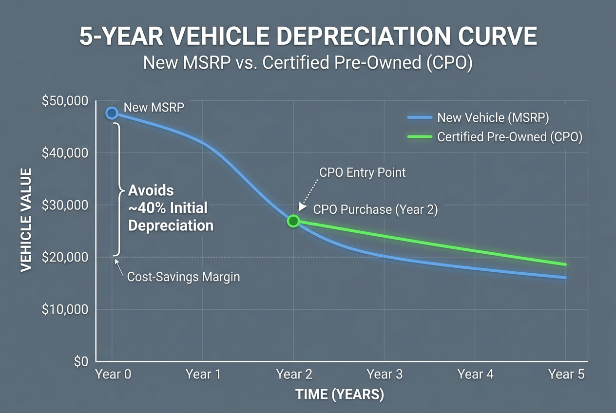 Line chart showing a 5-year vehicle depreciation curve comparing New MSRP against Certified Pre-Owned purchase values. (Representative image for illustration purposes only. Actual vehicle may vary based on trim and configuration.)