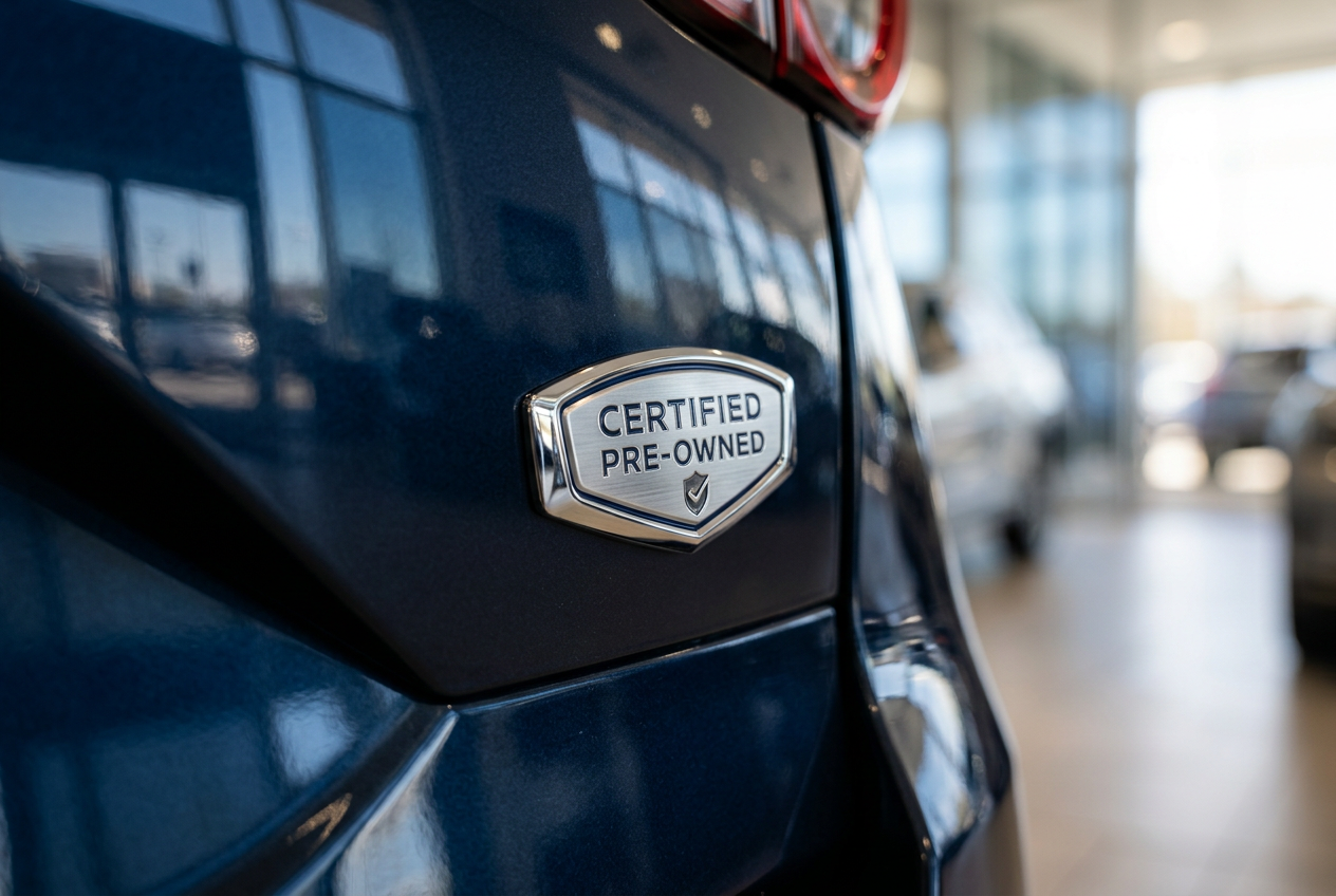 Close-up of a chrome Certified Pre-Owned emblem mounted on the dark blue tailgate of a car inside a dealership. (Representative image for illustration purposes only. Actual vehicle may vary based on trim and configuration.)