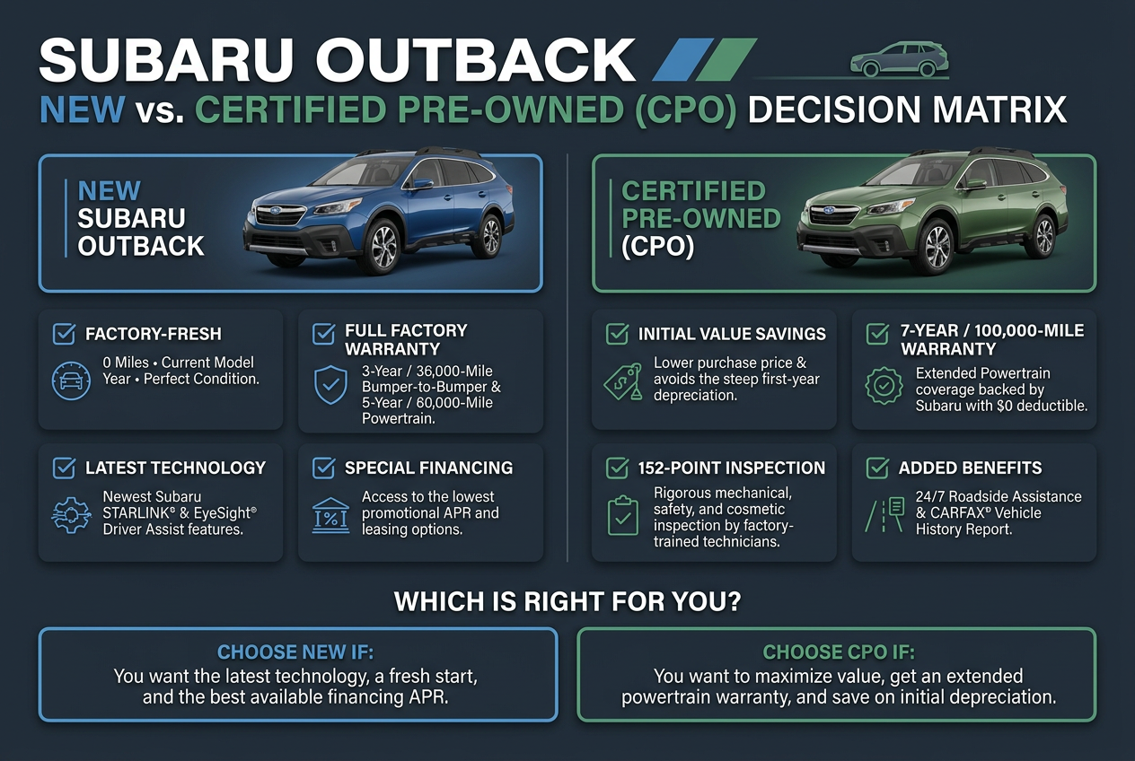 Comparison graphic highlighting key differences and benefits between New and Certified Pre-Owned Subaru Outback vehicles. (Representative image for illustration purposes only. Actual vehicle may vary based on trim and configuration.)