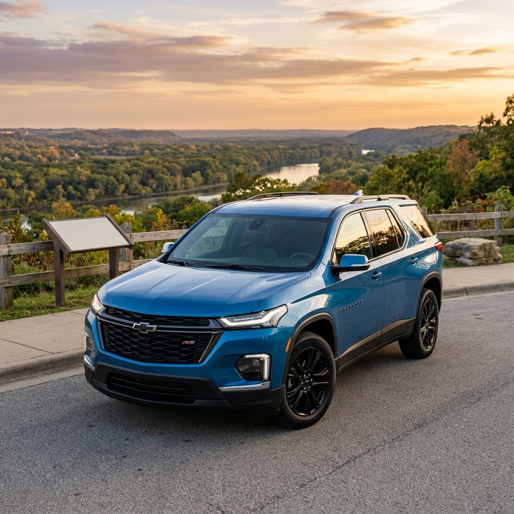 A blue Chevrolet Traverse SUV parked at a scenic overlook with a winding river valley in the background. (Representative image for illustration purposes only. Actual vehicle may vary based on trim and configuration.)