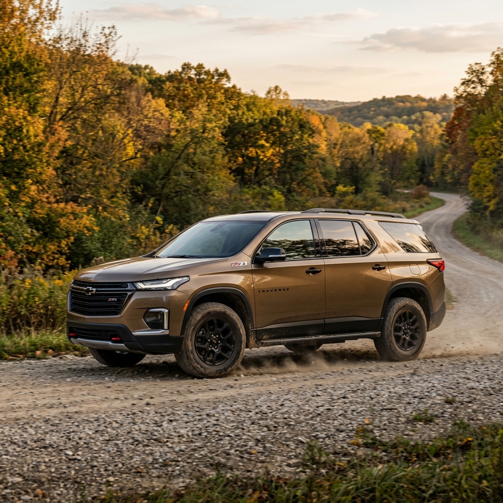 Bronze Chevrolet Traverse Z71 driving along a rural gravel road bordered by autumn trees. (Representative image for illustration purposes only. Actual vehicle may vary based on trim and configuration.)