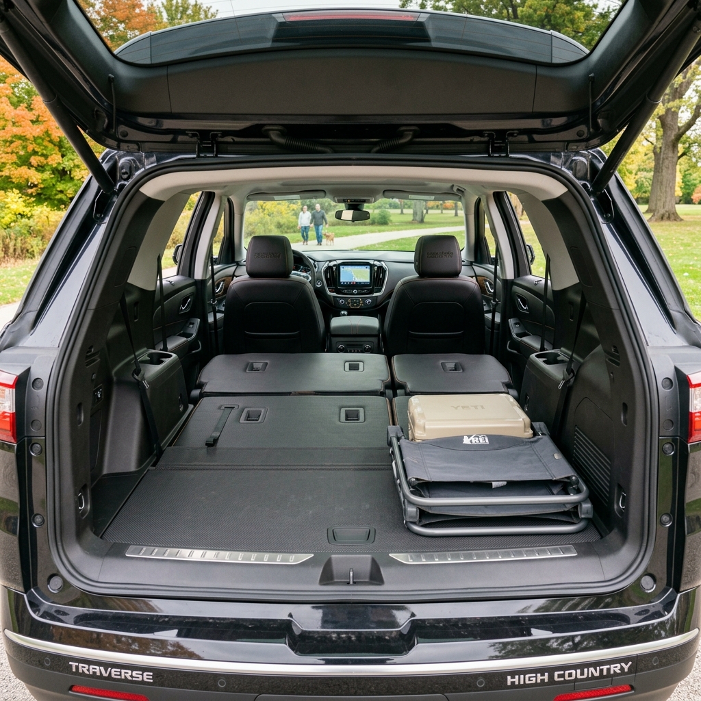 Rear cargo area of a Chevrolet Traverse High Country with second and third row seats folded flat, holding camping gear. (Representative image for illustration purposes only. Actual vehicle may vary based on trim and configuration.)