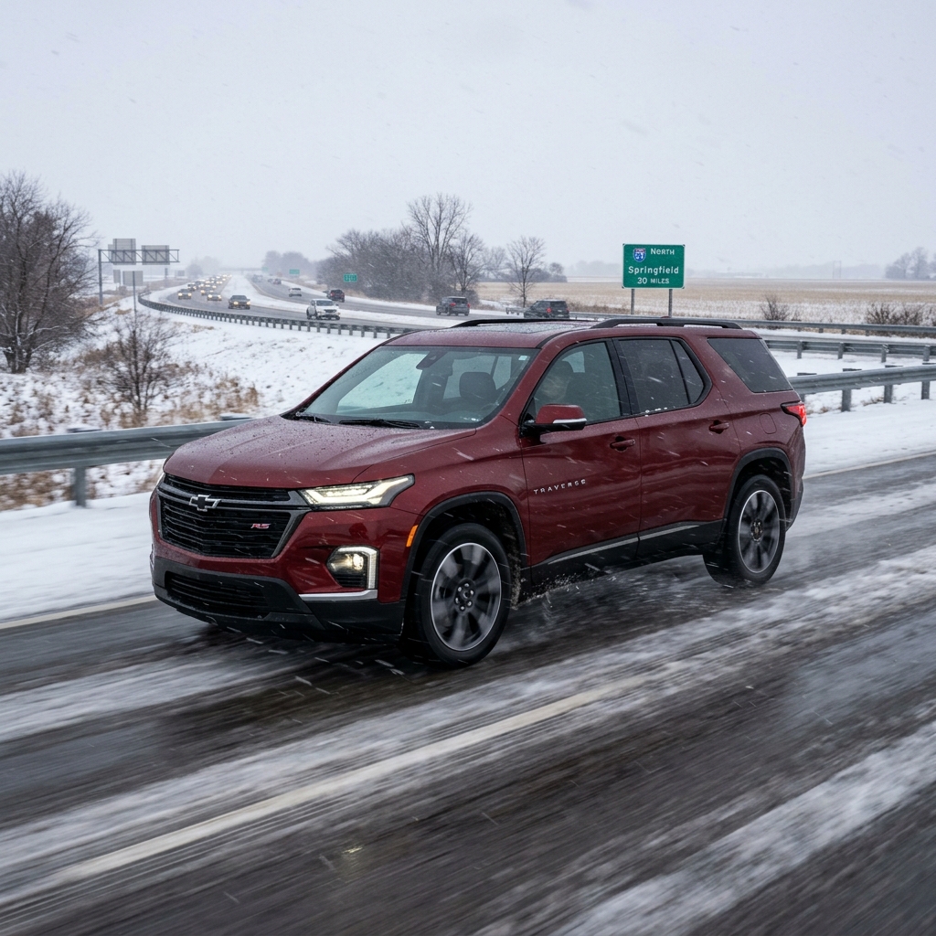 A dark red Chevrolet Traverse SUV driving on a slushy, snow-covered highway in winter. (Representative image for illustration purposes only. Actual vehicle may vary based on trim and configuration.)