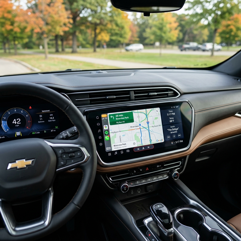 Dashboard of a Chevrolet vehicle showing a digital gauge cluster, steering wheel, and infotainment navigation screen. (Representative image for illustration purposes only. Actual vehicle may vary based on trim and configuration.)