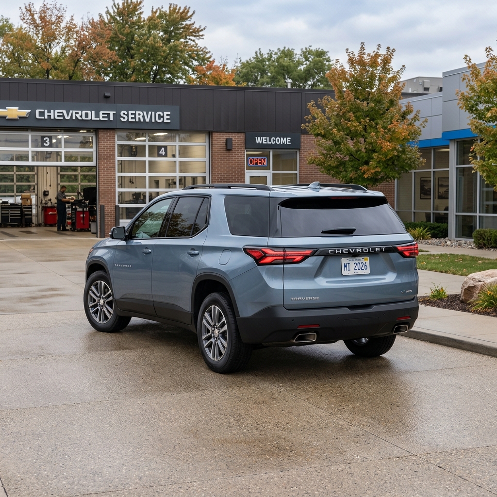 Light blue Chevrolet Traverse parked outside a Chevrolet Service center with autumn trees in the background. (Representative image for illustration purposes only. Actual vehicle may vary based on trim and configuration.)