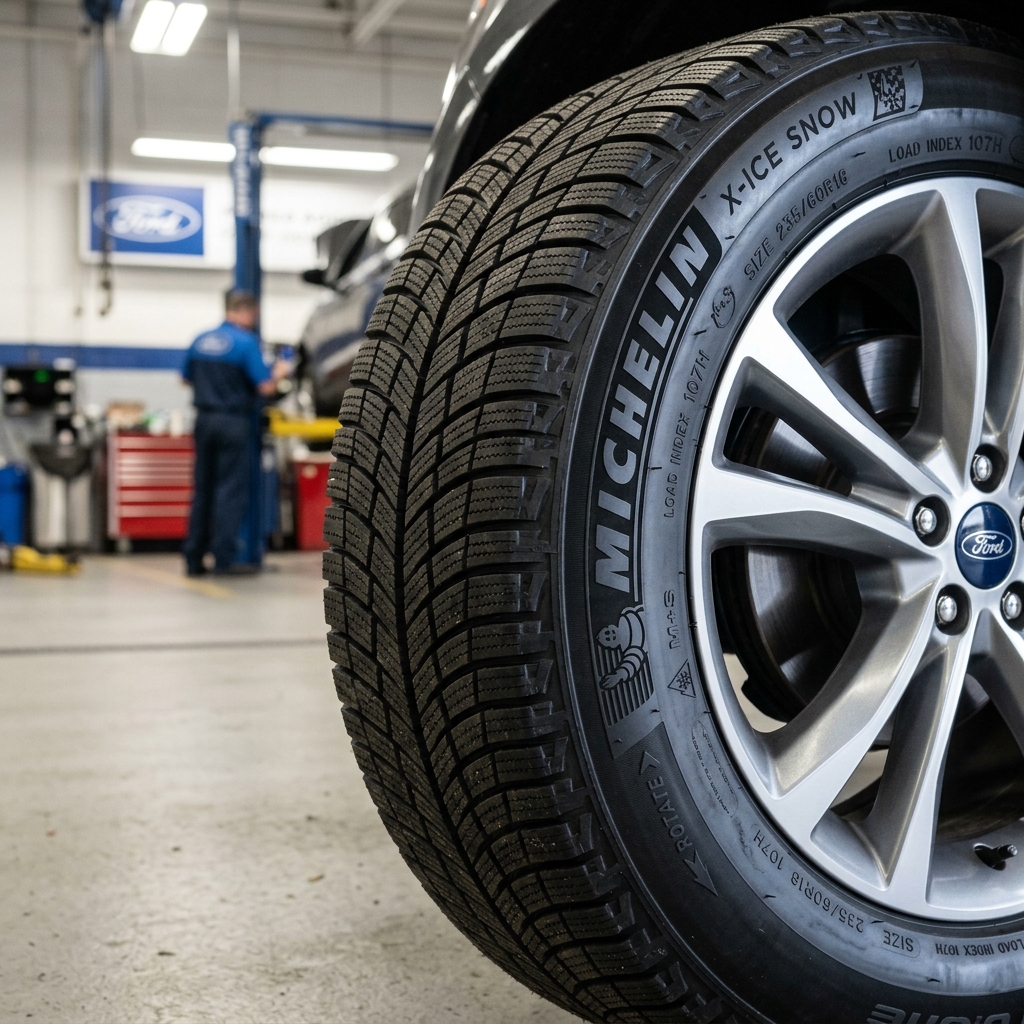 Close-up of a Michelin X-Ice Snow tire on a Ford vehicle wheel inside a dealership service bay. (Representative image for illustration purposes only. Actual vehicle may vary based on trim and configuration.)