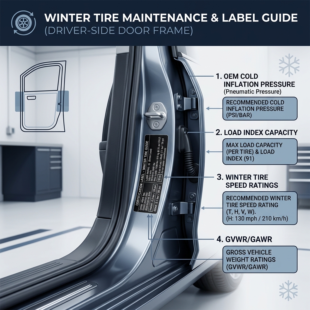Diagram showing driver-side door frame tire label with cold pressure, load index, speed rating, and GVWR annotations. (Representative image for illustration purposes only. Actual vehicle may vary based on trim and configuration.)