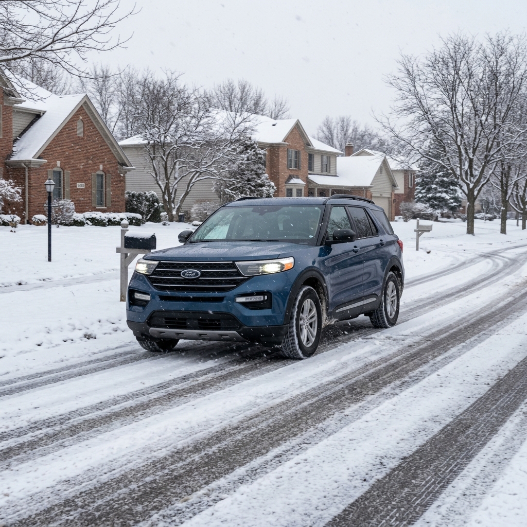 Blue Ford Explorer driving on a snow-covered residential street during winter. (Representative image for illustration purposes only. Actual vehicle may vary based on trim and configuration.)