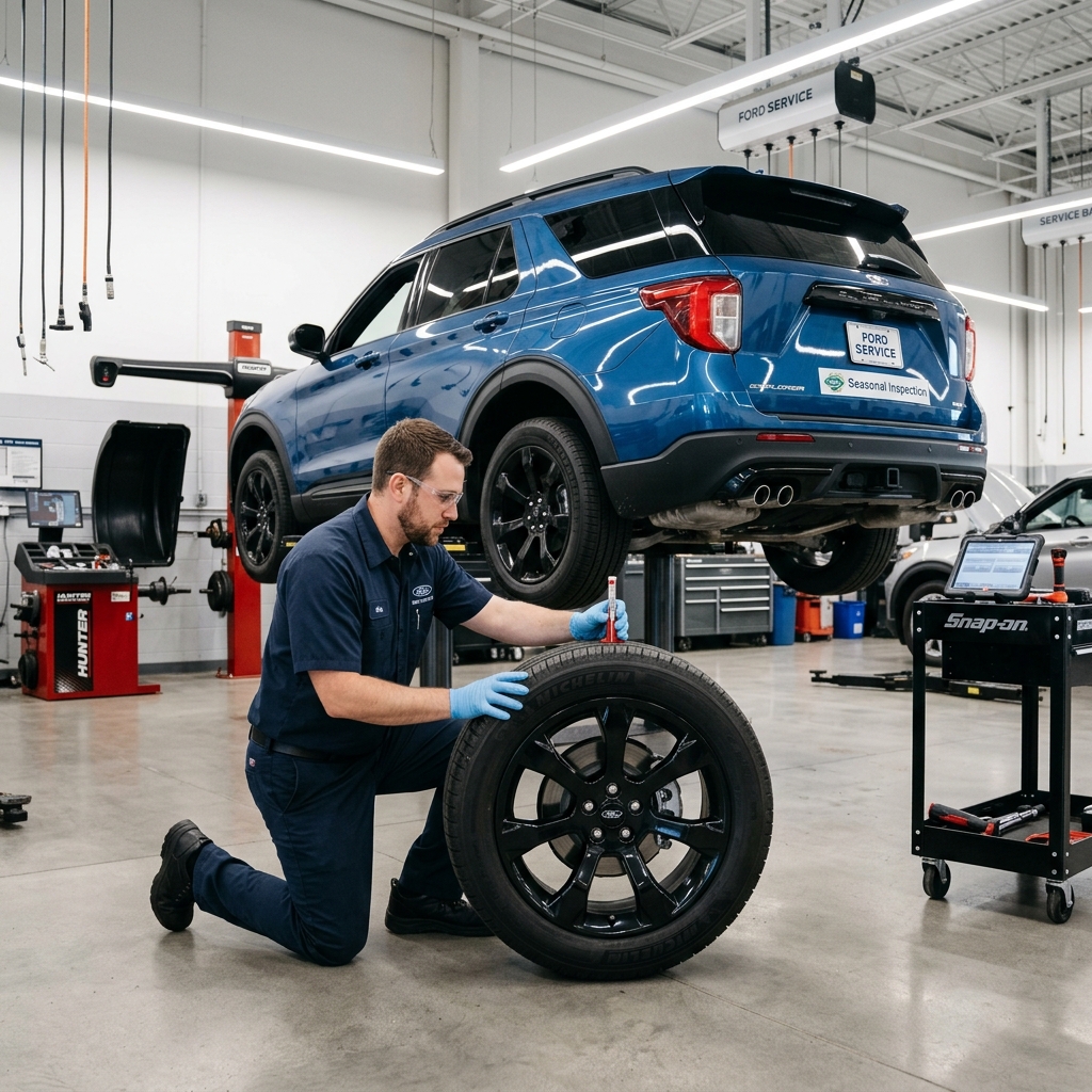 A mechanic inspecting tire tread depth with a gauge in a modern Ford service center with an SUV on a lift. (Representative image for illustration purposes only. Actual vehicle may vary based on trim and configuration.)