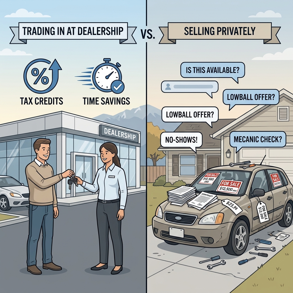 Comparison illustration showing the ease of trading in a car at a dealership versus the hassle of selling privately. (Representative image for illustration purposes only. Actual vehicle may vary based on trim and configuration.)