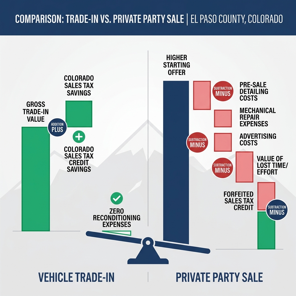 Infographic comparing vehicle trade-in versus private party sale financial factors in El Paso County, Colorado. (Representative image for illustration purposes only. Actual vehicle may vary based on trim and configuration.)
