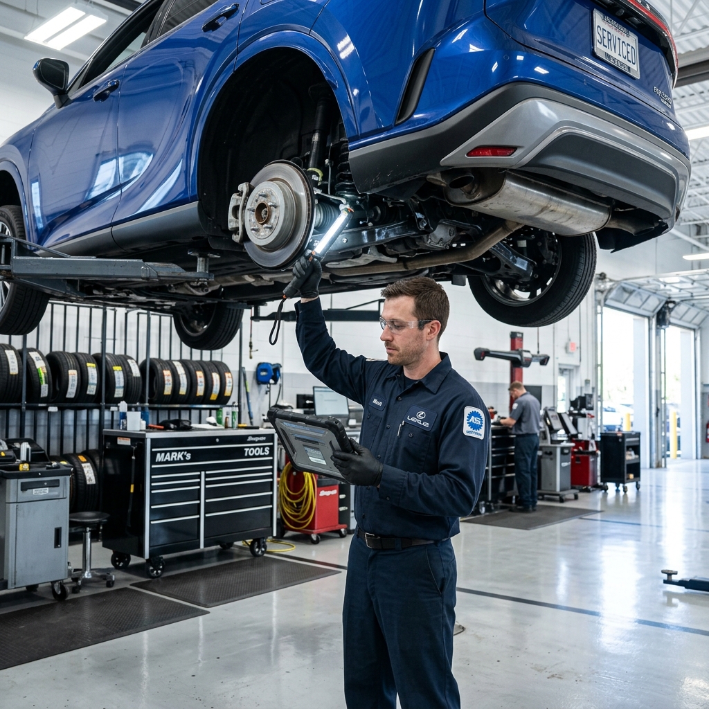 Auto mechanic using a light wand and diagnostic tablet to inspect an elevated blue car's brakes in a service bay. (Representative image for illustration purposes only. Actual vehicle may vary based on trim and configuration.)