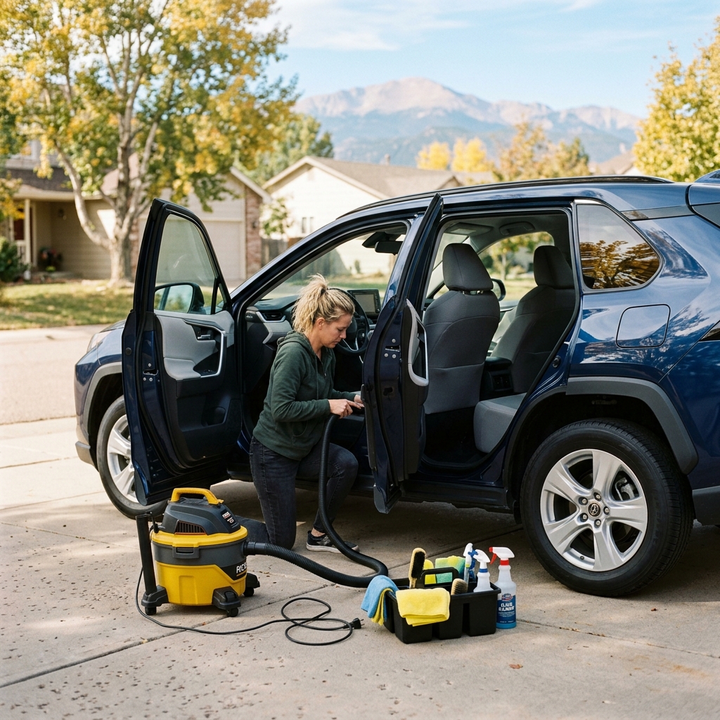 A woman kneeling by an open car door vacuuming the interior with a yellow wet-dry vacuum on a driveway. (Representative image for illustration purposes only. Actual vehicle may vary based on trim and configuration.)