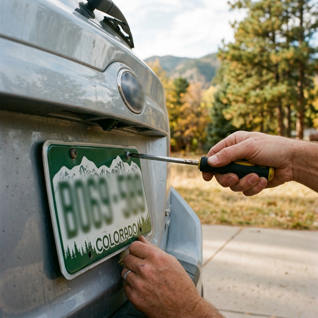 A person using a screwdriver to attach a green Colorado license plate to the back of a silver car. (Representative image for illustration purposes only. Actual vehicle may vary based on trim and configuration.)