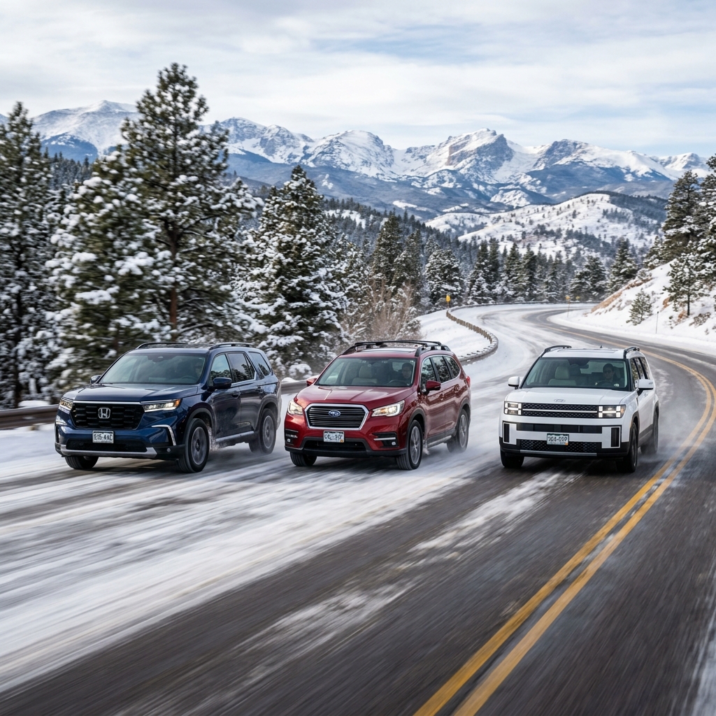 Three SUVs drive side by side along a snowy, winding mountain road against a backdrop of snow-capped peaks. (Representative image for illustration purposes only. Actual vehicle may vary based on trim and configuration.)
