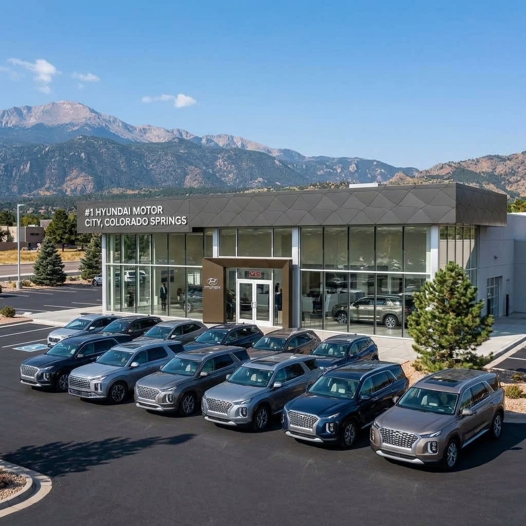 Lineup of Hyundai Palisade SUVs parked in front of the Hyundai Motor City dealership in Colorado Springs with mountains behind. (Representative image for illustration purposes only. Actual vehicle may vary based on trim and configuration.)