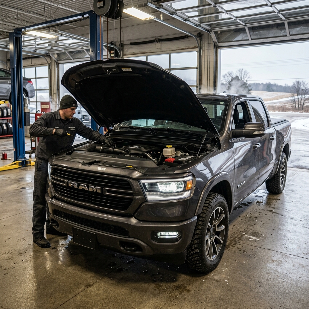 Mechanic pulling an oil dipstick while inspecting a dark grey RAM pickup truck inside a service garage bay. (Representative image for illustration purposes only. Actual vehicle may vary based on trim and configuration.)