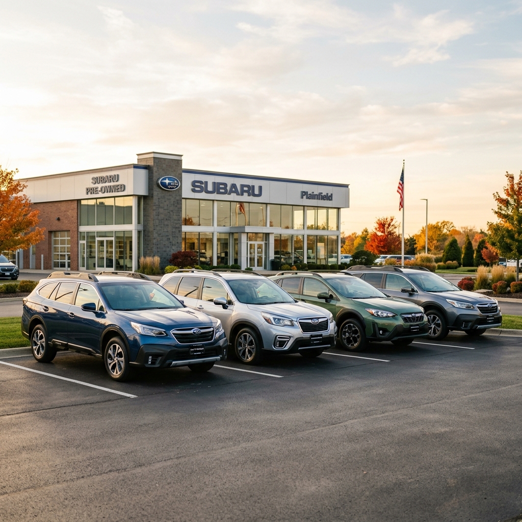 Four Subaru SUVs parked in front of a Subaru dealership building in Plainfield during golden hour. (Representative image for illustration purposes only. Actual vehicle may vary based on trim and configuration.)
