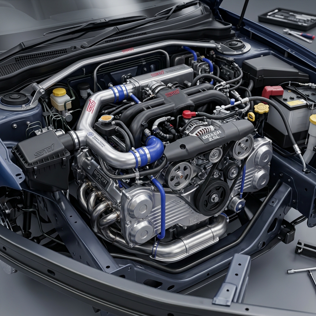 Detailed view of a pristine Subaru STi 2.5L Boxer engine bay with custom aluminum piping and blue hoses. (Representative image for illustration purposes only. Actual vehicle may vary based on trim and configuration.)