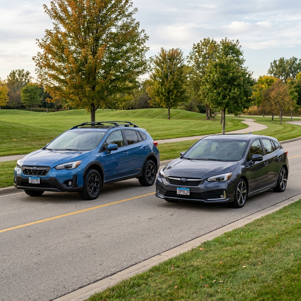 A blue Subaru Crosstrek and a dark grey Subaru Impreza hatchback parked side-by-side on a road. (Representative image for illustration purposes only. Actual vehicle may vary based on trim and configuration.)