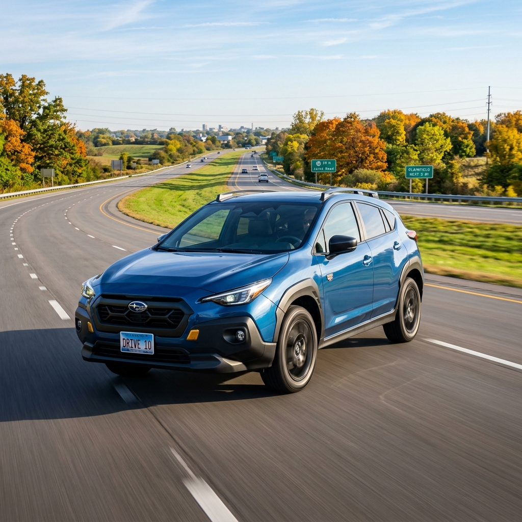 Blue Subaru Crosstrek Wilderness driving along a multi-lane highway with autumn trees in the background. (Representative image for illustration purposes only. Actual vehicle may vary based on trim and configuration.)