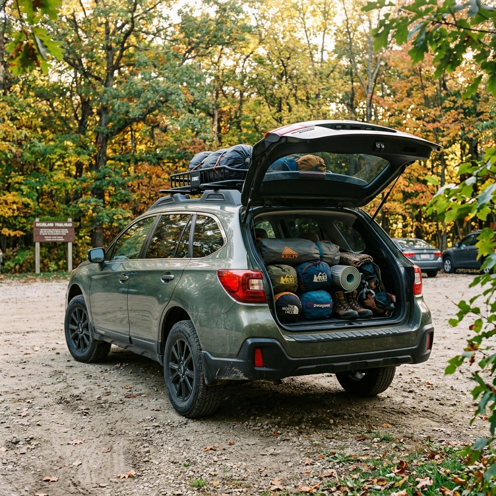 Green SUV with open trunk filled with organized camping gear parked at a trailhead during fall. (Representative image for illustration purposes only. Actual vehicle may vary based on trim and configuration.)