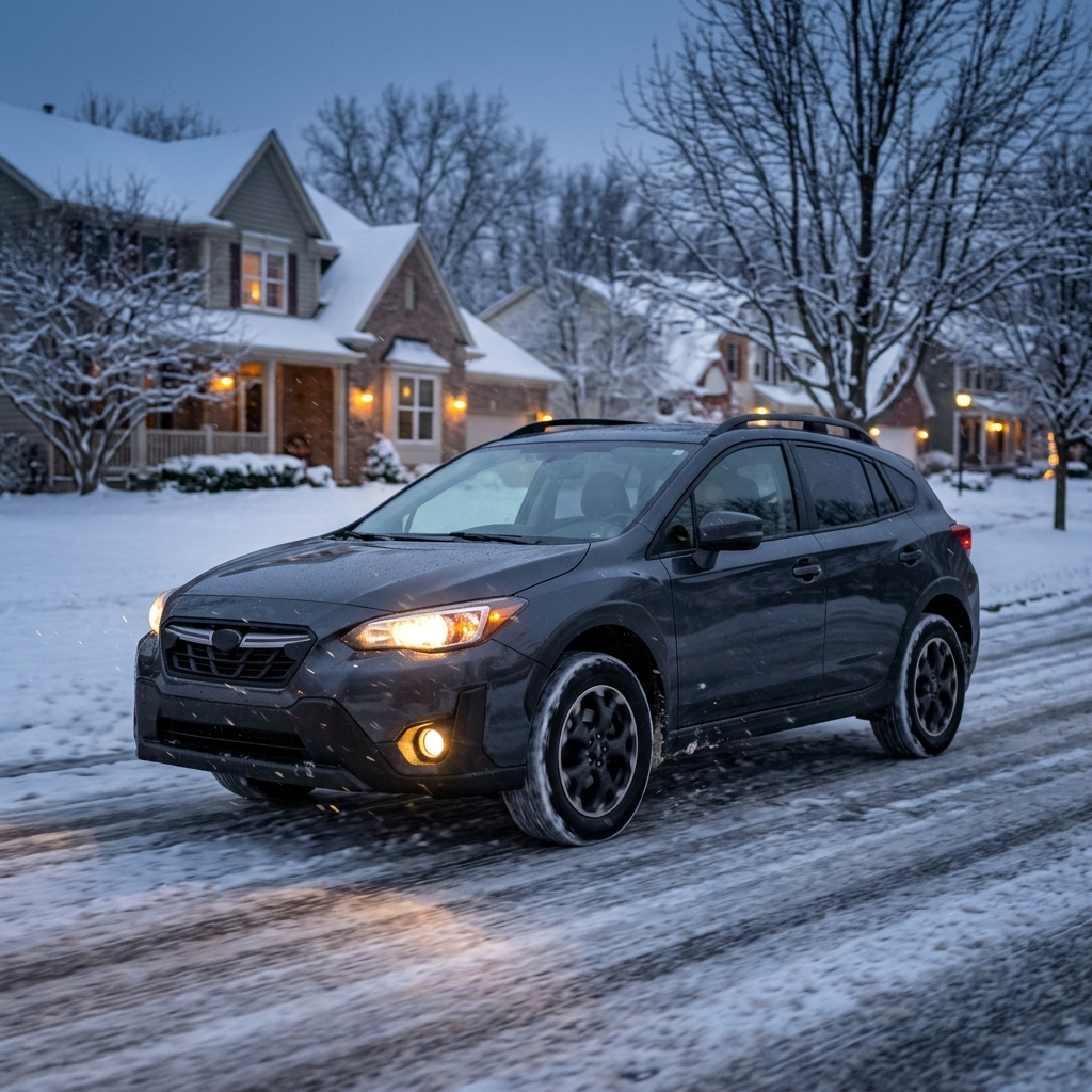 A dark gray Subaru Crosstrek with headlights on driving along a snow-covered suburban road at dusk. (Representative image for illustration purposes only. Actual vehicle may vary based on trim and configuration.)