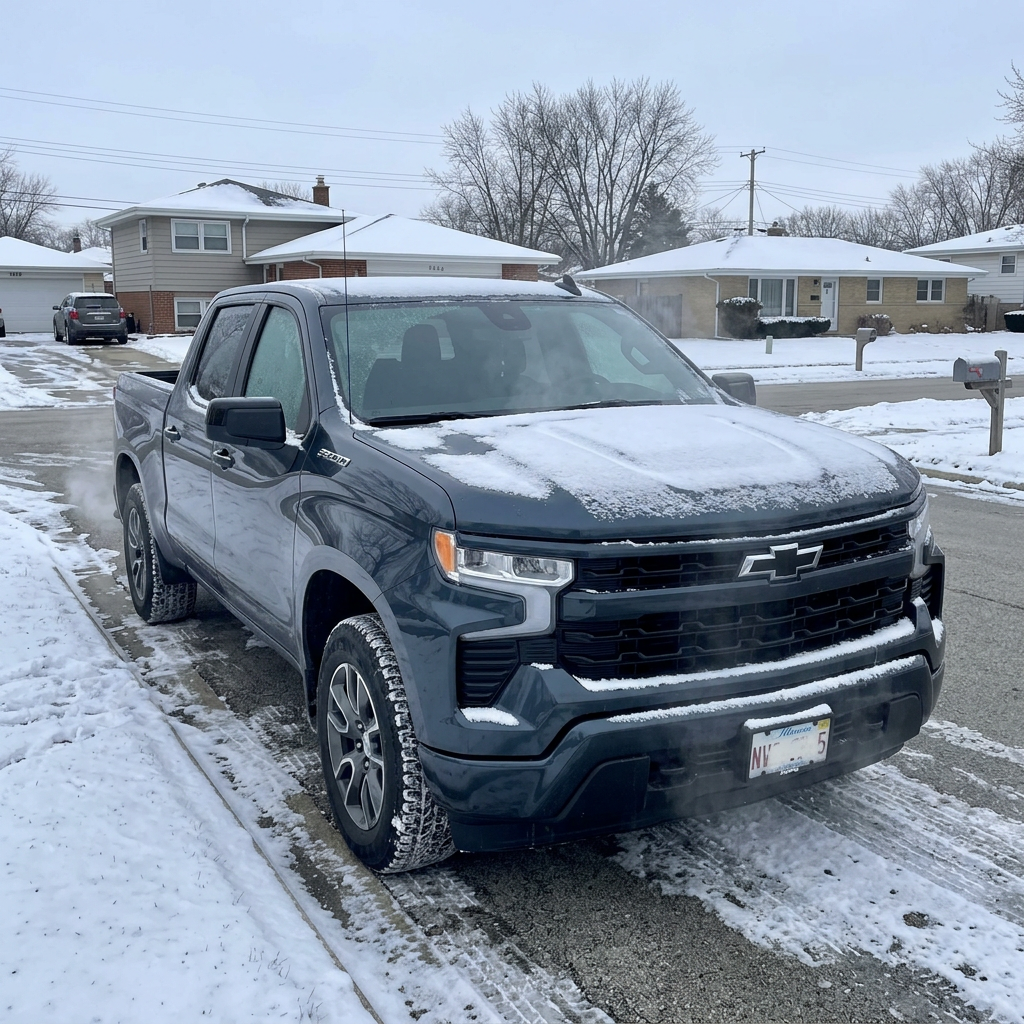 A dark grey Chevrolet Silverado pickup truck parked on a snow-covered suburban street in winter. (Representative image for illustration purposes only. Actual vehicle may vary based on trim and configuration.)