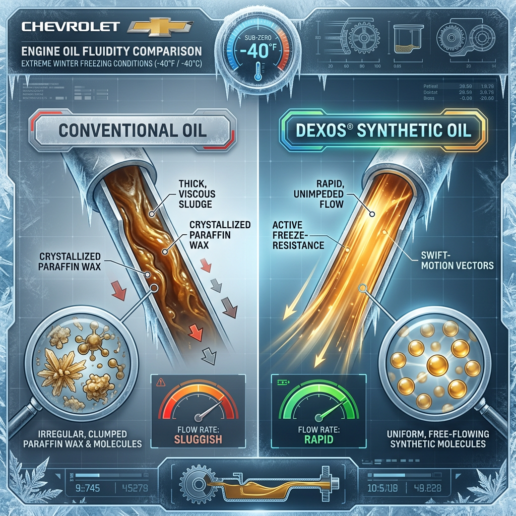 Infographic comparing sluggish conventional oil versus fast-flowing Dexos synthetic oil at minus 40 degrees. (Representative image for illustration purposes only. Actual vehicle may vary based on trim and configuration.)