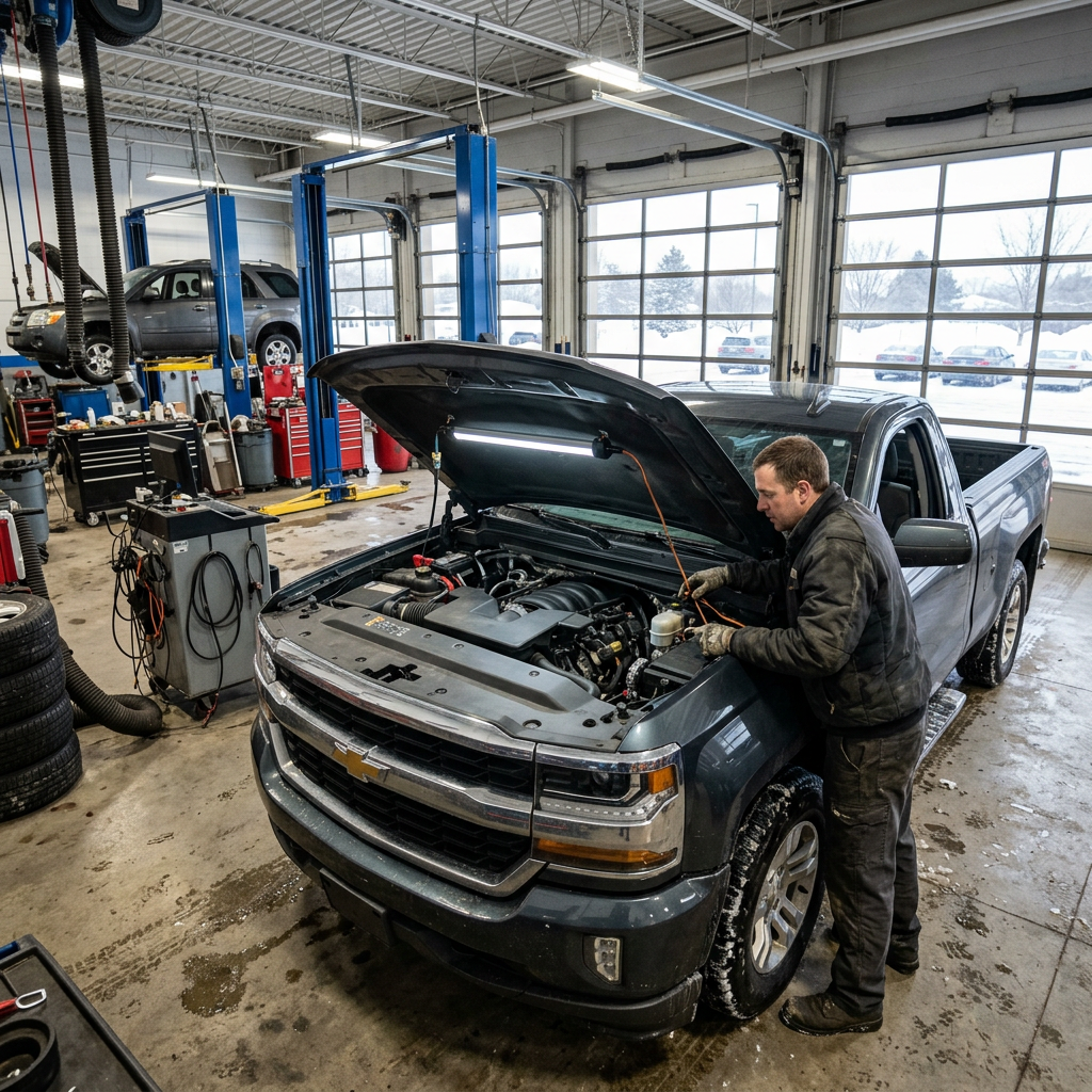 A mechanic inspects the engine bay of a grey pickup truck under a hood light inside an auto repair shop. (Representative image for illustration purposes only. Actual vehicle may vary based on trim and configuration.)