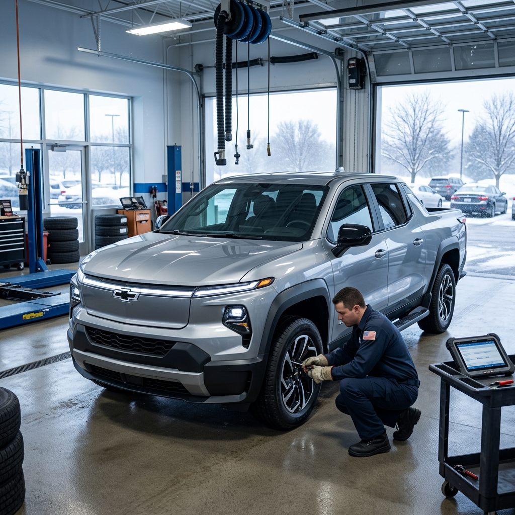 A technician in a blue uniform services the front tire of a silver Chevrolet Silverado EV inside a repair shop. (Representative image for illustration purposes only. Actual vehicle may vary based on trim and configuration.)