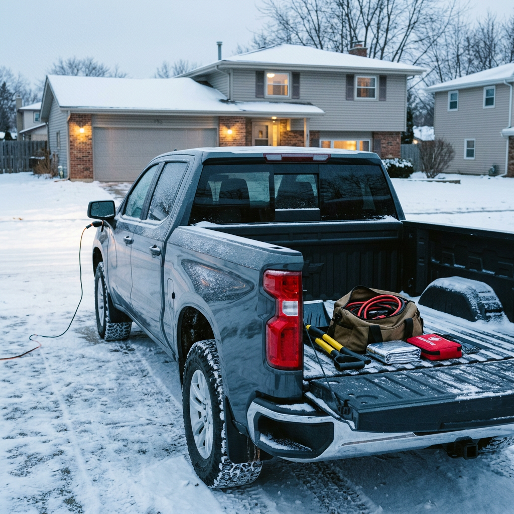 Grey pickup truck in a snowy driveway with winter emergency gear in the bed and plugged into a heater cable. (Representative image for illustration purposes only. Actual vehicle may vary based on trim and configuration.)