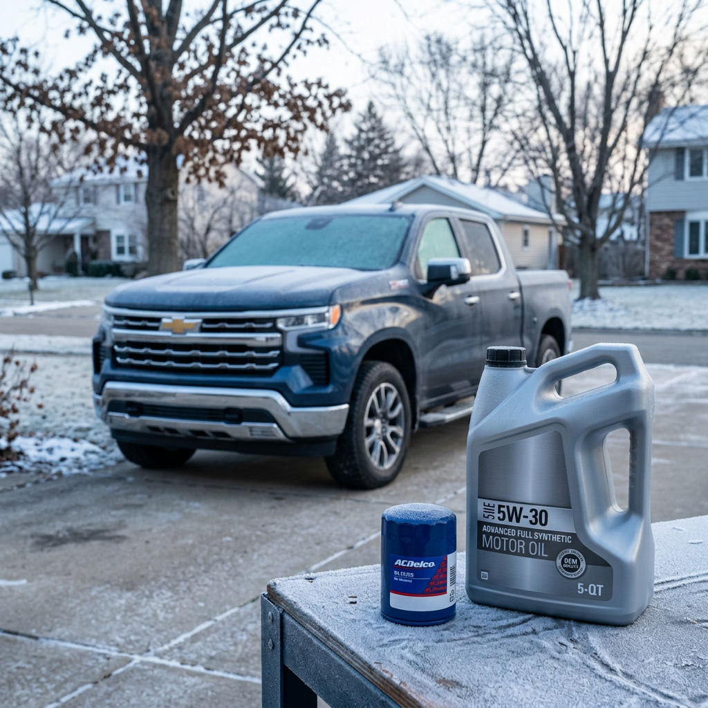 A 5W-30 synthetic motor oil jug and ACDelco oil filter on a frosted table in front of a blue Chevy pickup truck. (Representative image for illustration purposes only. Actual vehicle may vary based on trim and configuration.)